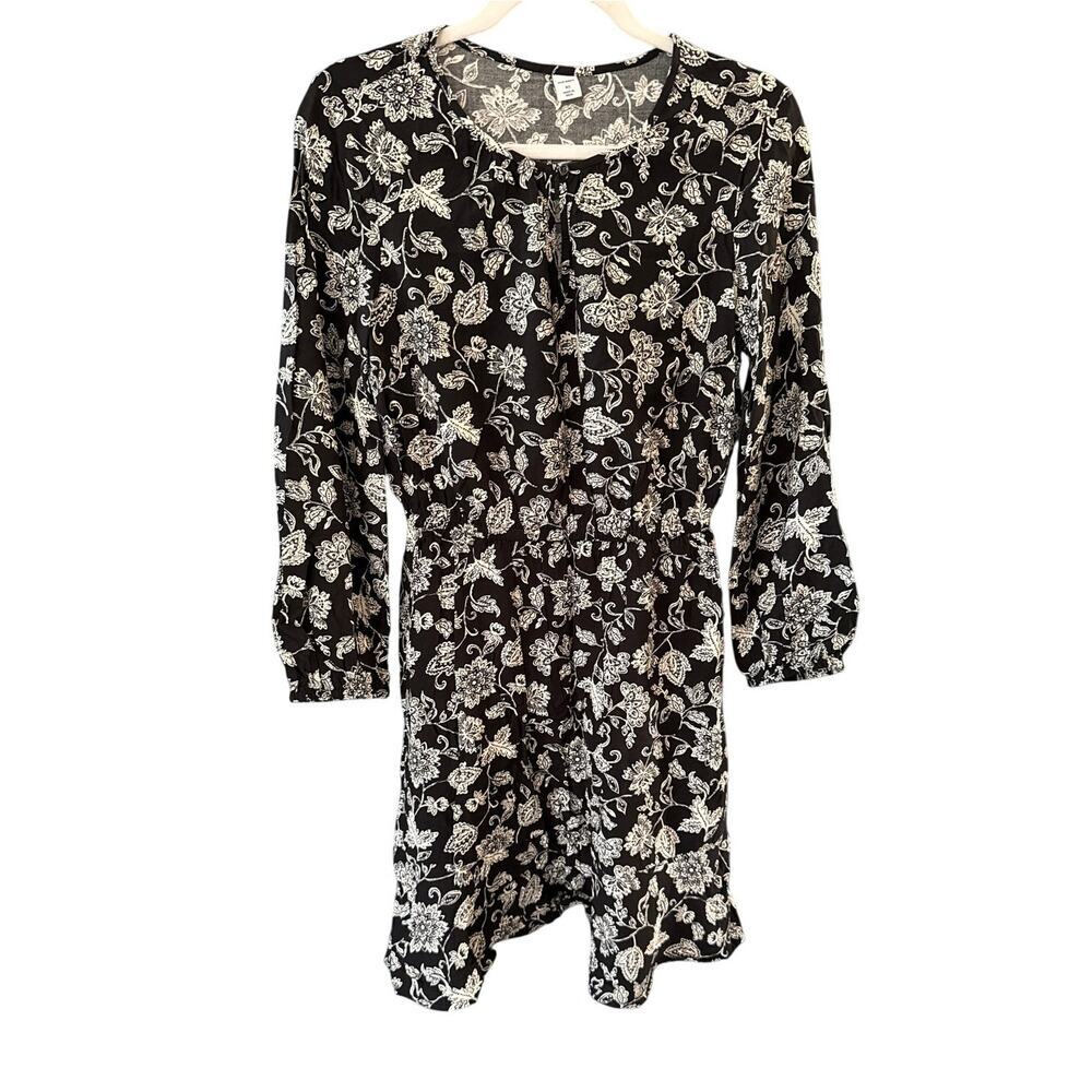 Womens Floral Puff Long Sleeve Waisted Mini Length Dress XS Swing‎ Round Neck